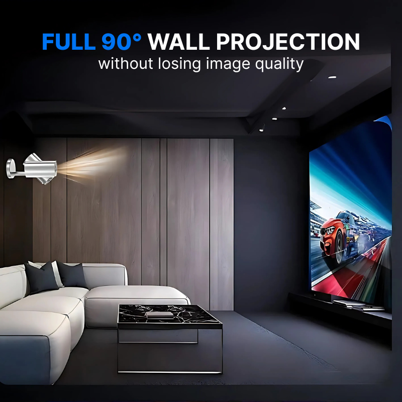 A modern home cinema room with a white sectional sofa and black marble coffee table features a silver wall-mounted projector casting a vibrant orange racing car on a track with blue sky onto the wall, showcasing full 90 degree wall projection without losing image quality