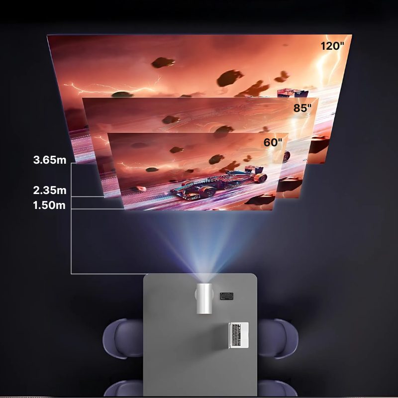 Digital rendering of a white projector on a gray tabletop demonstrating screen size flexibility, projecting a vibrant red F1 race scene with lightning at 60, 85, and 120 inches corresponding to 1.50m, 2.35m, and 3.65m throw distances