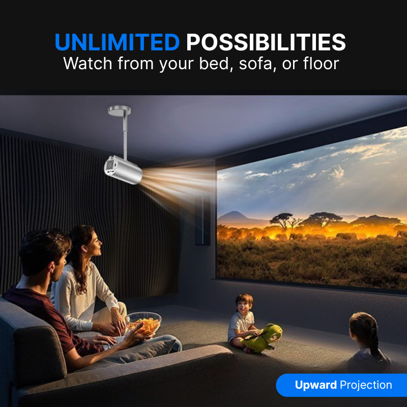 Product photography of a family of four watching an upward projection movie in a dark modern living room, featuring a sleek silver ceiling projector displaying a vibrant safari sunset with elephants and the text UNLIMITED POSSIBILITIES