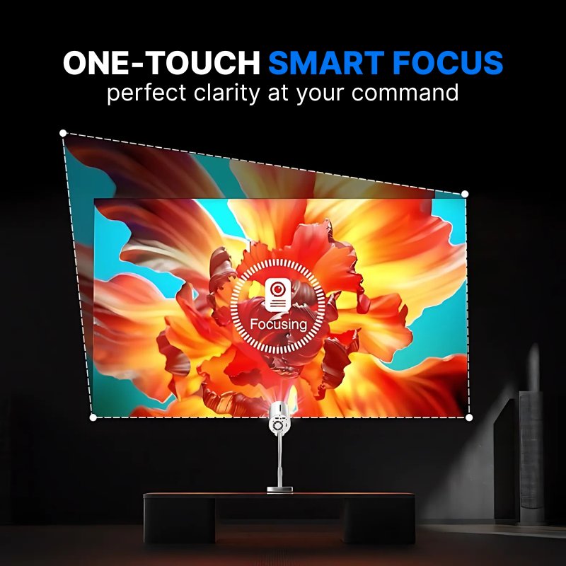 A modern silver standing smart projector projecting a vibrant large orange and red flower onto a dark wall, with a central 'Focusing' graphic and 'ONE-TOUCH SMART FOCUS' text emphasizing auto-clarity