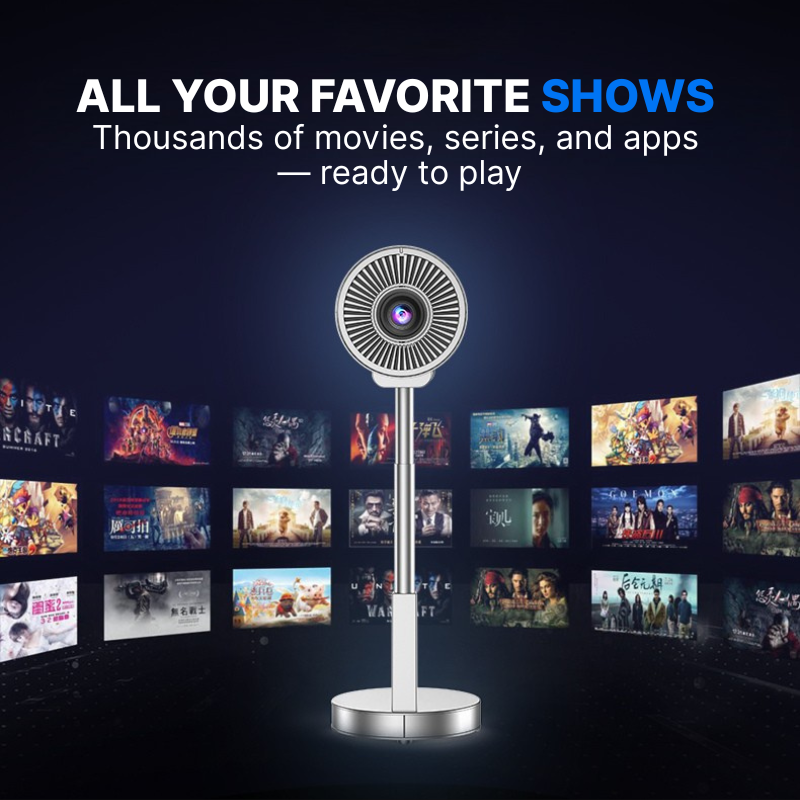 Sleek silver projector with a circular ribbed lens and subtle blue glow illuminates a dark digital space, projecting a panoramic display of colorful movie and series thumbnails, accompanied by prominent white and blue text ALL YOUR FAVORITE SHOWS Thousands of movies, series, and apps — ready to play