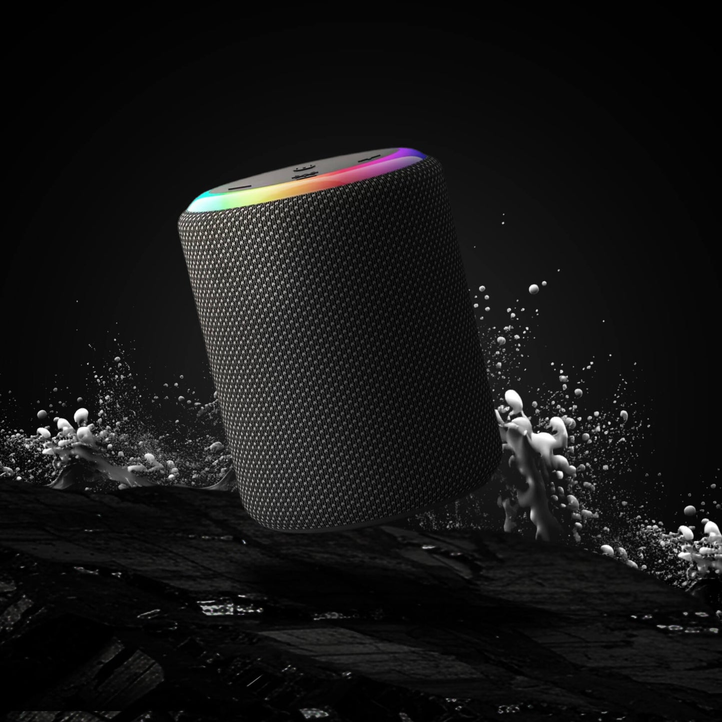 Photography of a cylindrical portable speaker with a dark gray mesh exterior and a vibrant RGB light ring on top, emerging from dynamic white water splashes against a dark background