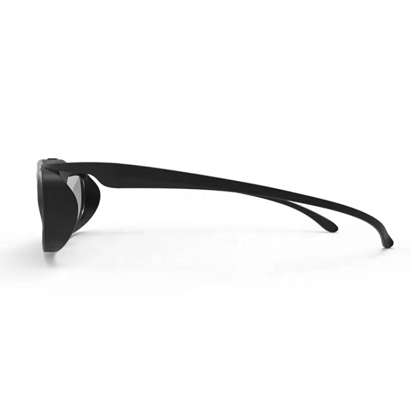 Black sports glasses in a clean studio shot, showcasing a streamlined design, thick side shields, and subtly curved ear hooks