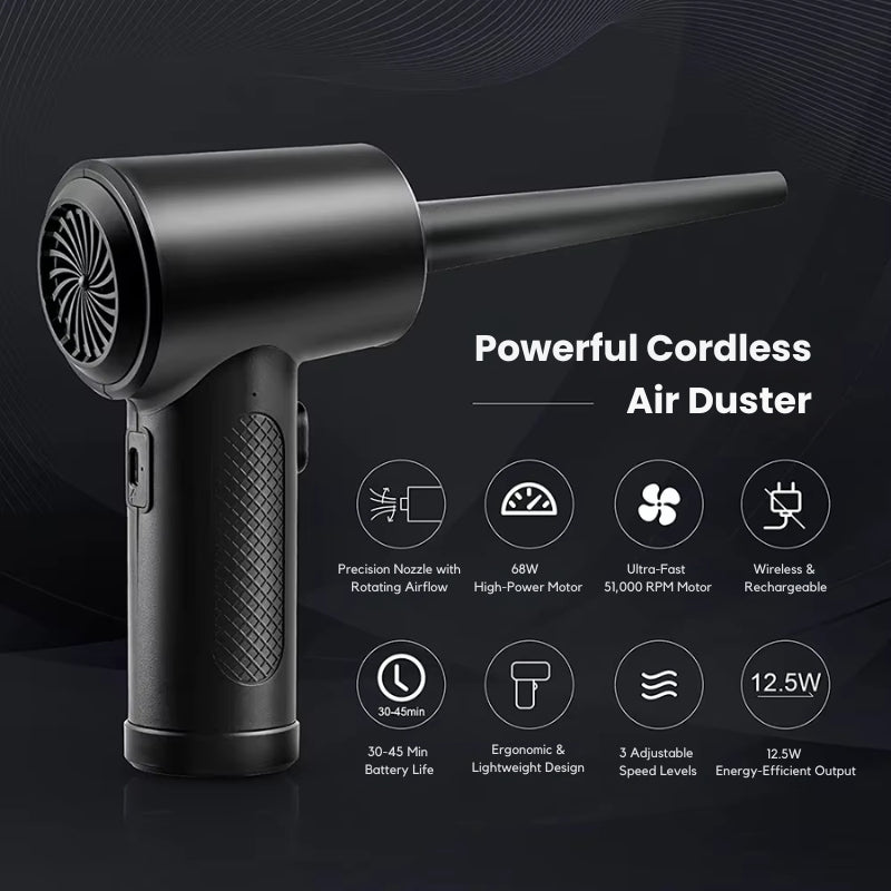 Product image of a powerful black cordless air duster featuring a precision nozzle with rotating airflow, 68W high-power motor, and ultra-fast 51,000 RPM motor