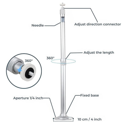 Silver adjustable camera support stand detailed with labels indicating a 360-degree rotating adjust direction connector, length adjustment, a 1/4 inch aperture, and a 10 cm fixed base