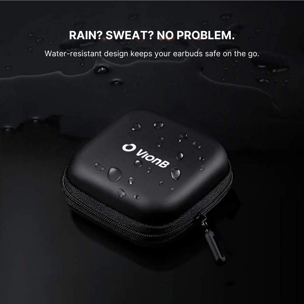 A black square VionB earbud case covered in glistening water droplets sits on a dark wet surface with the visible text Rain Sweat No Problem Water-resistant design keeps your earbuds safe on the go