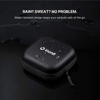 A black square VionB earbud case covered in glistening water droplets sits on a dark wet surface with the visible text Rain Sweat No Problem Water-resistant design keeps your earbuds safe on the go