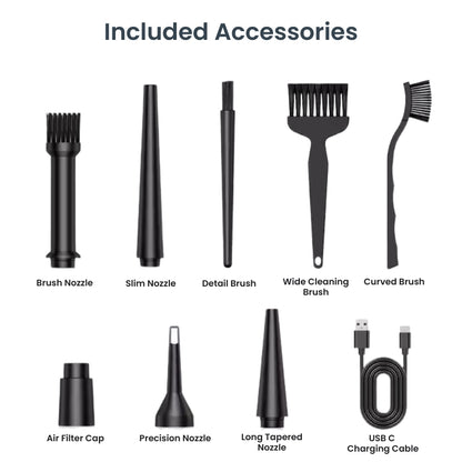 Digital illustration of nine black vacuum cleaner accessories including a brush nozzle, wide cleaning brush, and USB C charging cable