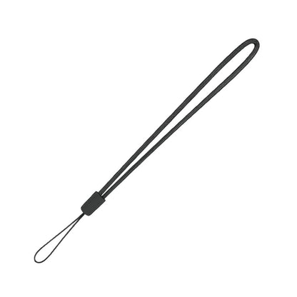 Photograph of a black woven wrist strap featuring a U-shaped hand loop, a rectangular plastic adjuster, and a small slender attachment loop