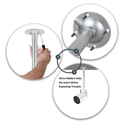 Product illustration demonstrating the step-by-step installation of a silver security camera ceiling mount, showing a hand with a screwdriver, screw points indicated by arrows, and a white VISIONBEAM camera with a hidden wire hole feature for a clean setup