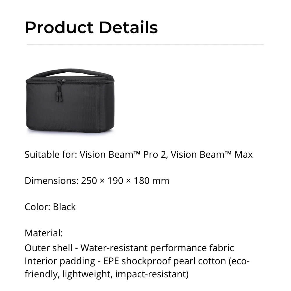 Product details for a black carrying case featuring water-resistant performance fabric, EPE shockproof pearl cotton padding, and compatibility with Vision Beam Pro 2 and Max projectors