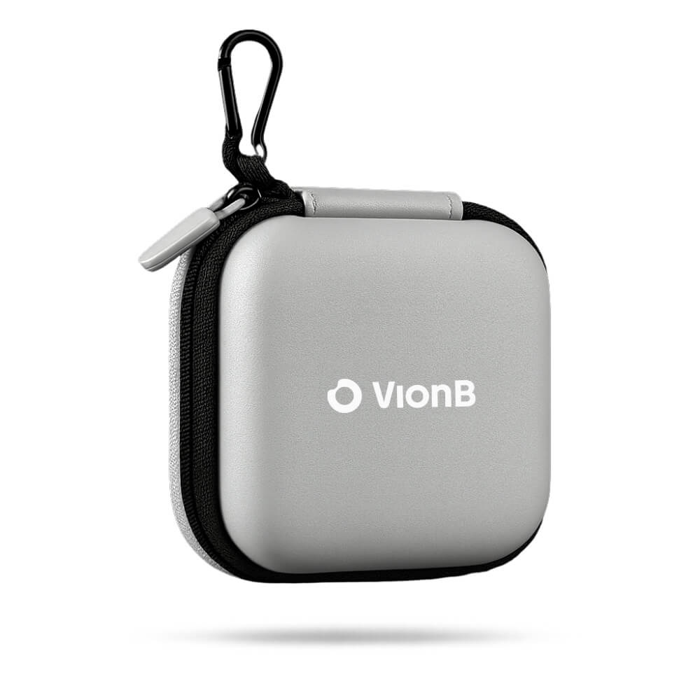 Gray VionB compact protective case featuring a white VionB logo, black zipper, white zipper pull, and a black carabiner clip