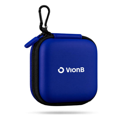 A royal blue VionB hard shell carrying case featuring a white VionB logo with eye icon a black zipper and a black carabiner clip