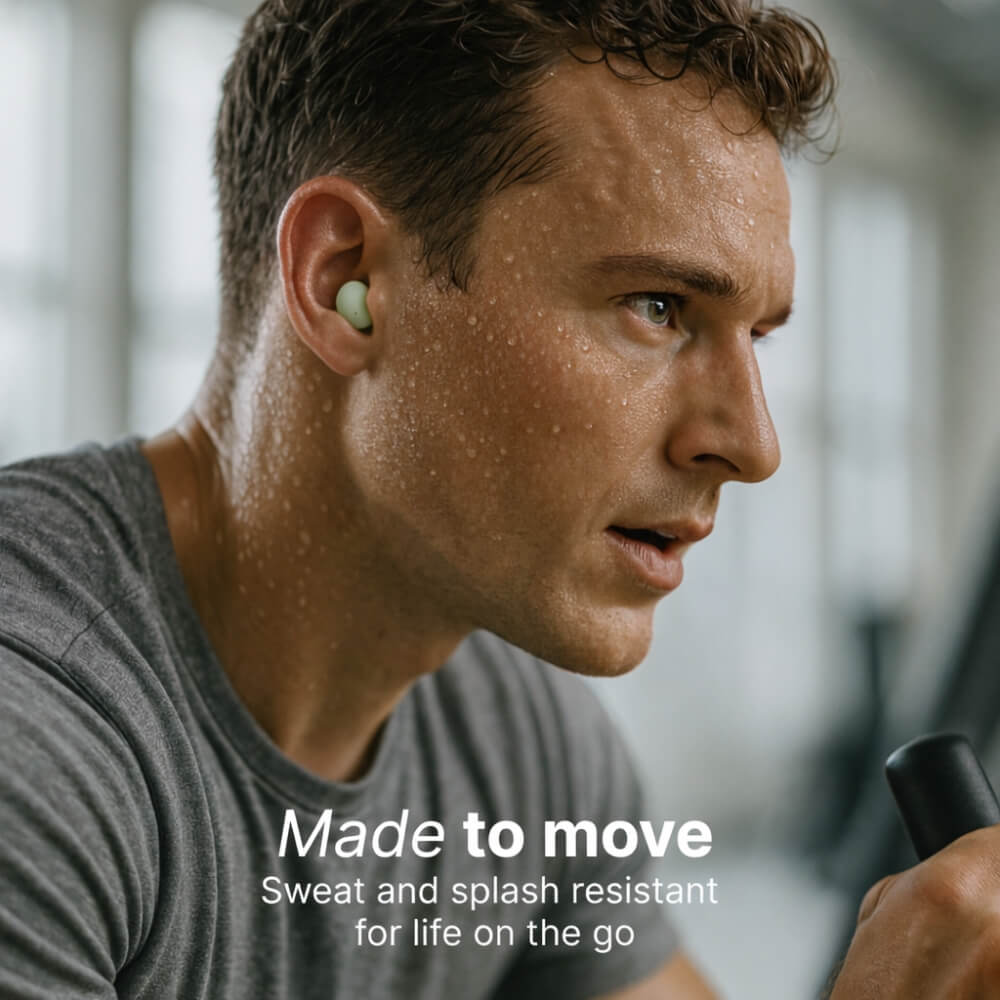 A determined man with a sweaty face and neck, wearing a grey t-shirt and a mint green wireless earbud while working out in a gym, with the overlay text Made to move Sweat and splash resistant for life on the go