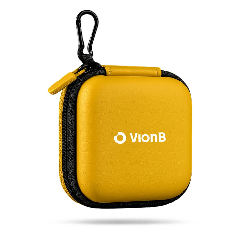 A vibrant yellow VionB hard case featuring a white VionB logo and a black carabiner clip on a clean white background