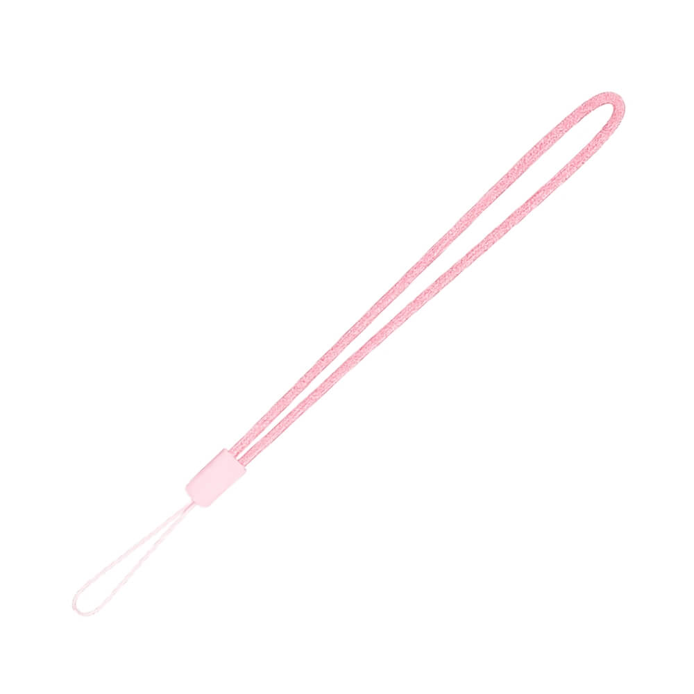 Product photograph of a light pink woven wrist strap featuring a small plastic clip and a delicate loop for attachment