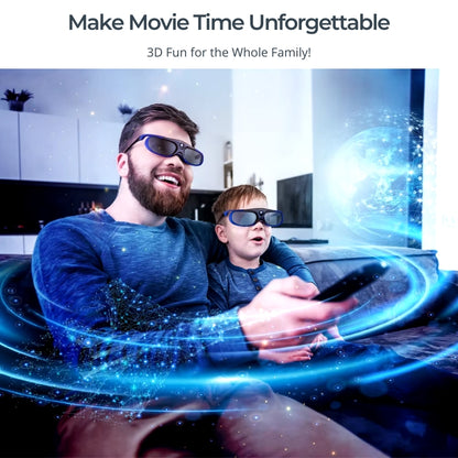 A happy father and son wearing blue and black 3D glasses enjoying a movie on a living room couch with glowing blue holographic projections emanating from the screen