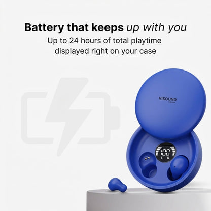 Product photograph of blue VISOUND wireless earbuds in an open charging case on a grey pedestal, featuring a digital display showing 100% battery and L/R status, promoting up to 24 hours of playtime on the case