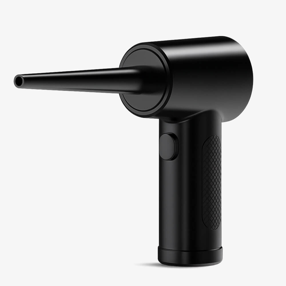 Matte black handheld electric air duster featuring a T-shaped body with a pointed nozzle a prominent circular button and a diamond-textured grip against a plain white background