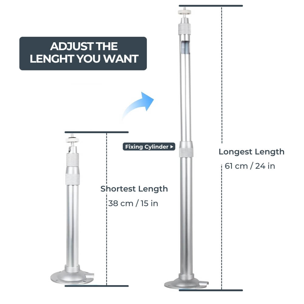 Product diagram illustrating a silver adjustable support rod in two states, showing its shortest 38 cm (15 in) length and its longest 61 cm (24 in) length, highlighting the fixing cylinder and a circular base for customization