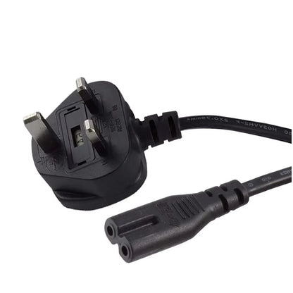Product image of a black power cable featuring a UK Type G 3-pin plug and a C7 figure-8 connector with visible technical markings