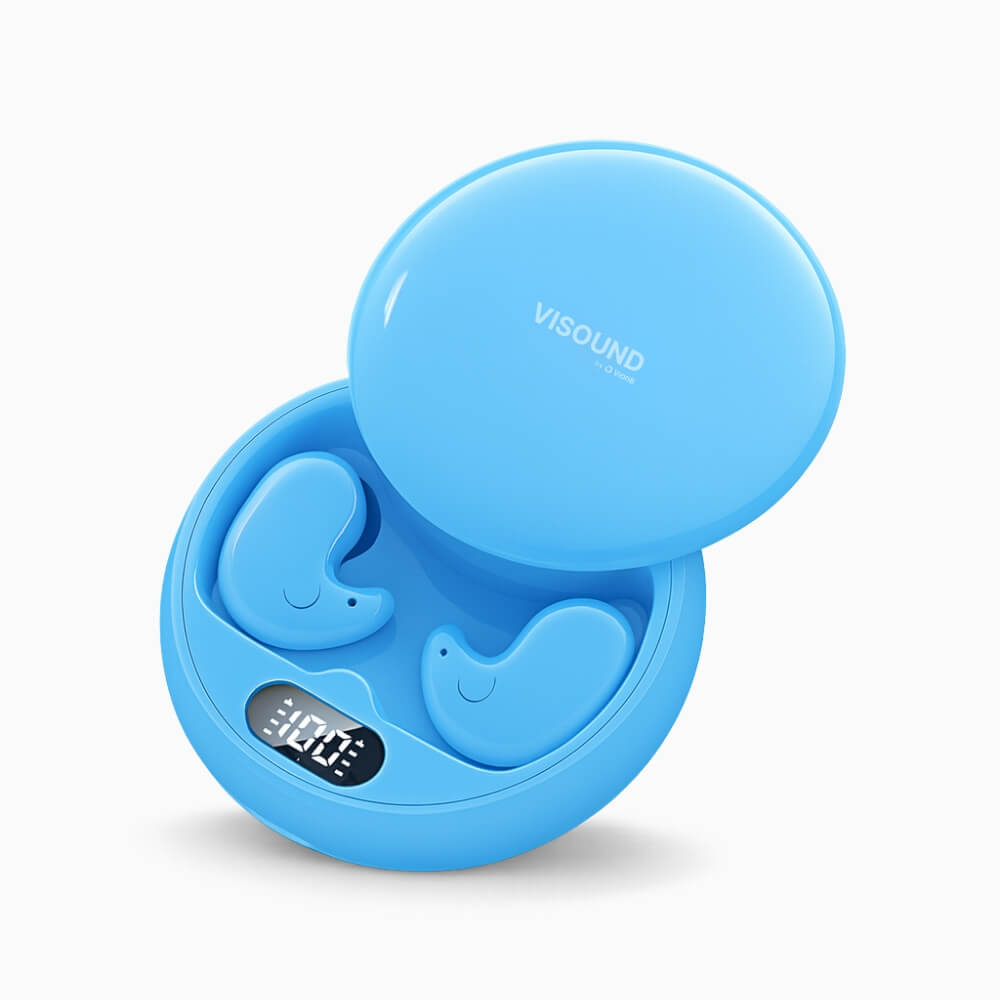 Product photograph of bright blue Visound wireless earbuds and their charging case, featuring a digital 100% battery display, distinct smiley face design on each earbud, and "Visound by O Vone" branding on the lid