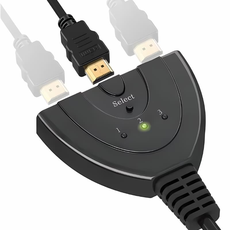 Black 3-port HDMI switch with a gold-tipped HDMI cable connected to input 2, a green LED illuminated on input 2, and a prominent 'Select' button on a white background