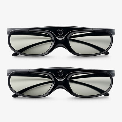 Two black active shutter 3D glasses on a white background with sleek black frames, light grey rectangular lenses, and a distinct circular sensor on the top bridge, stacked horizontally