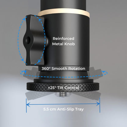 A black cylindrical mechanical component featuring a reinforced metal knob, 360-degree smooth rotation, plus or minus 25-degree tilt control, and a 5.5 cm anti-slip tray