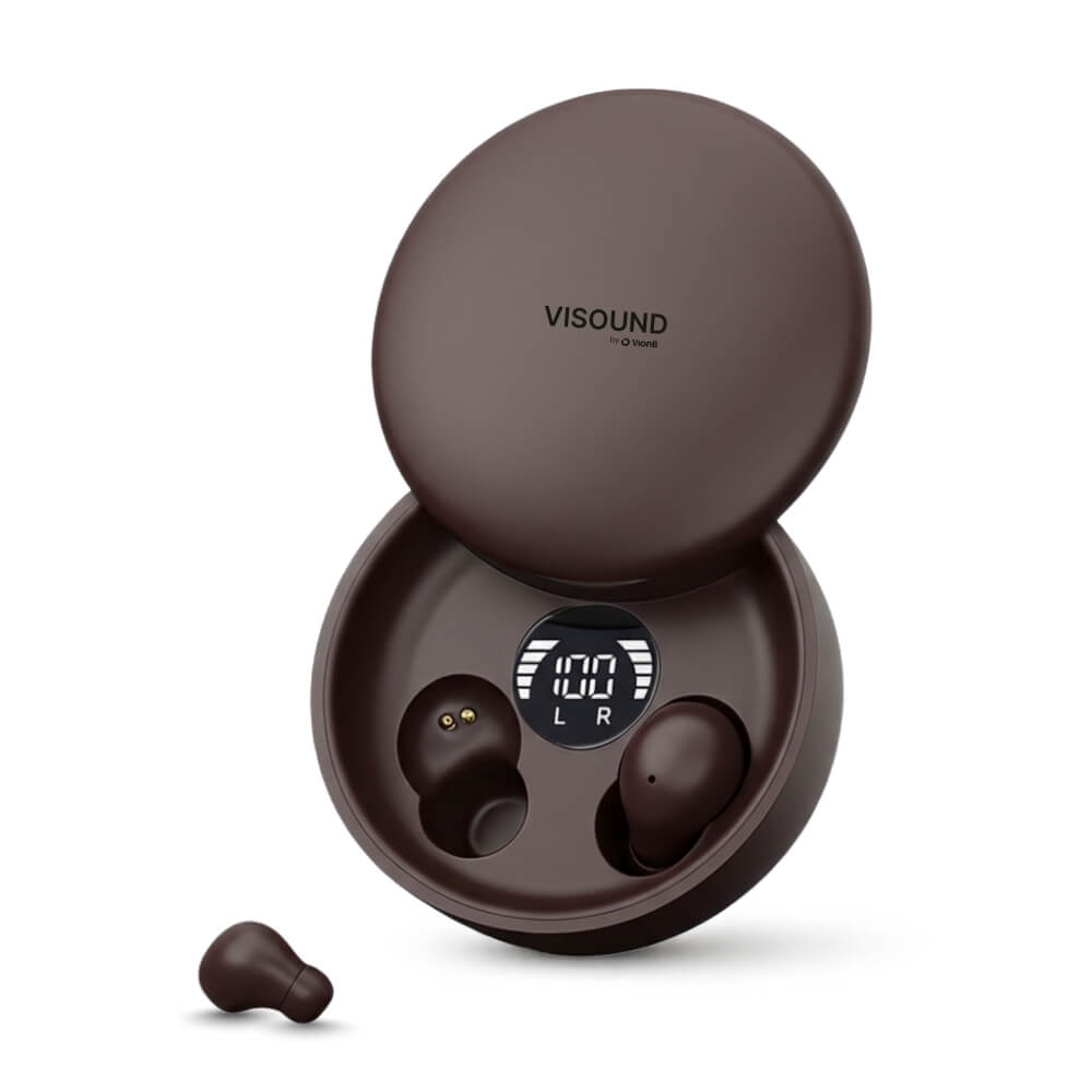 Brown Visound wireless earbuds in their open charging case with a digital battery display.