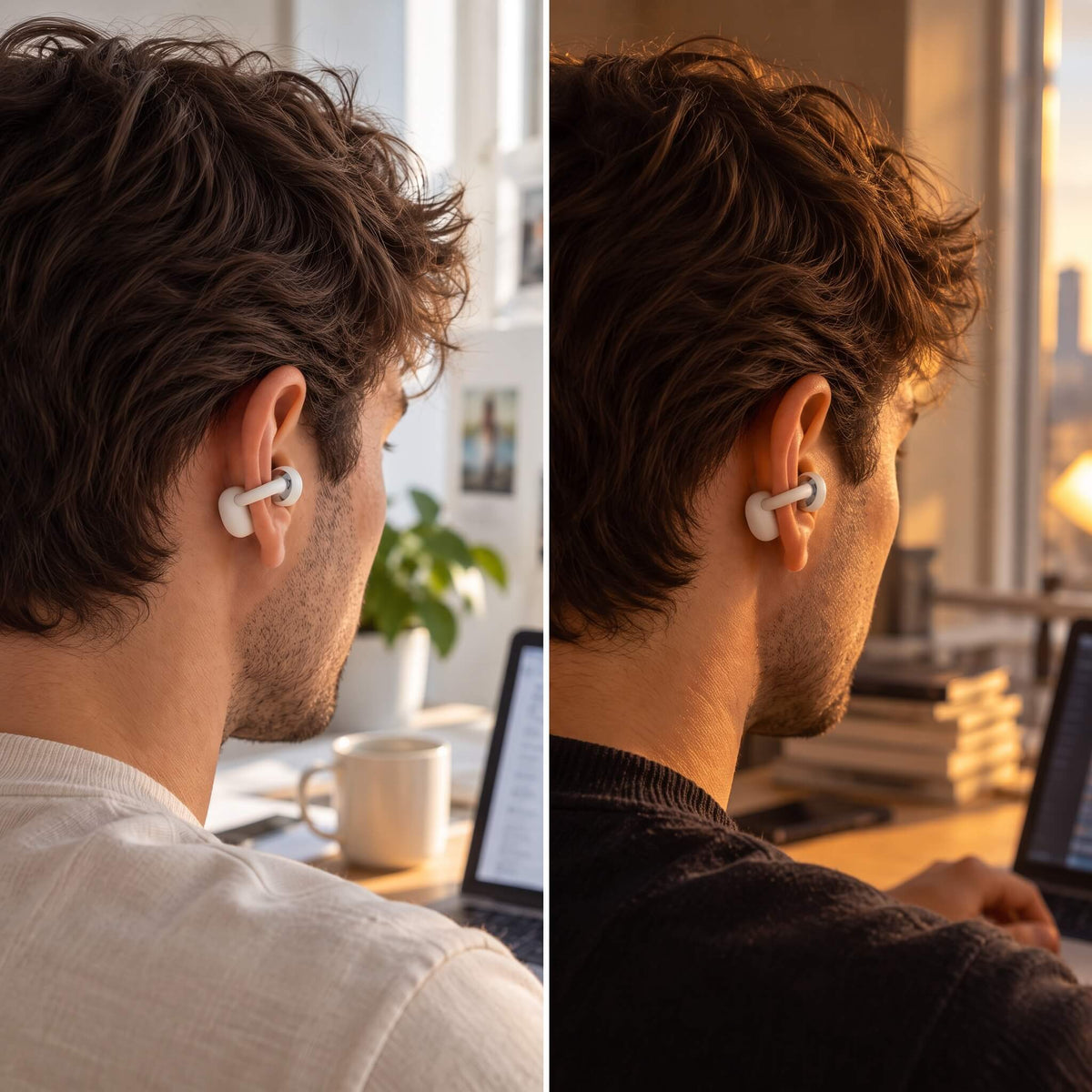 The same man at his desk in the morning and in the late afternoon, an ivory ViSound Ease still on his ear
