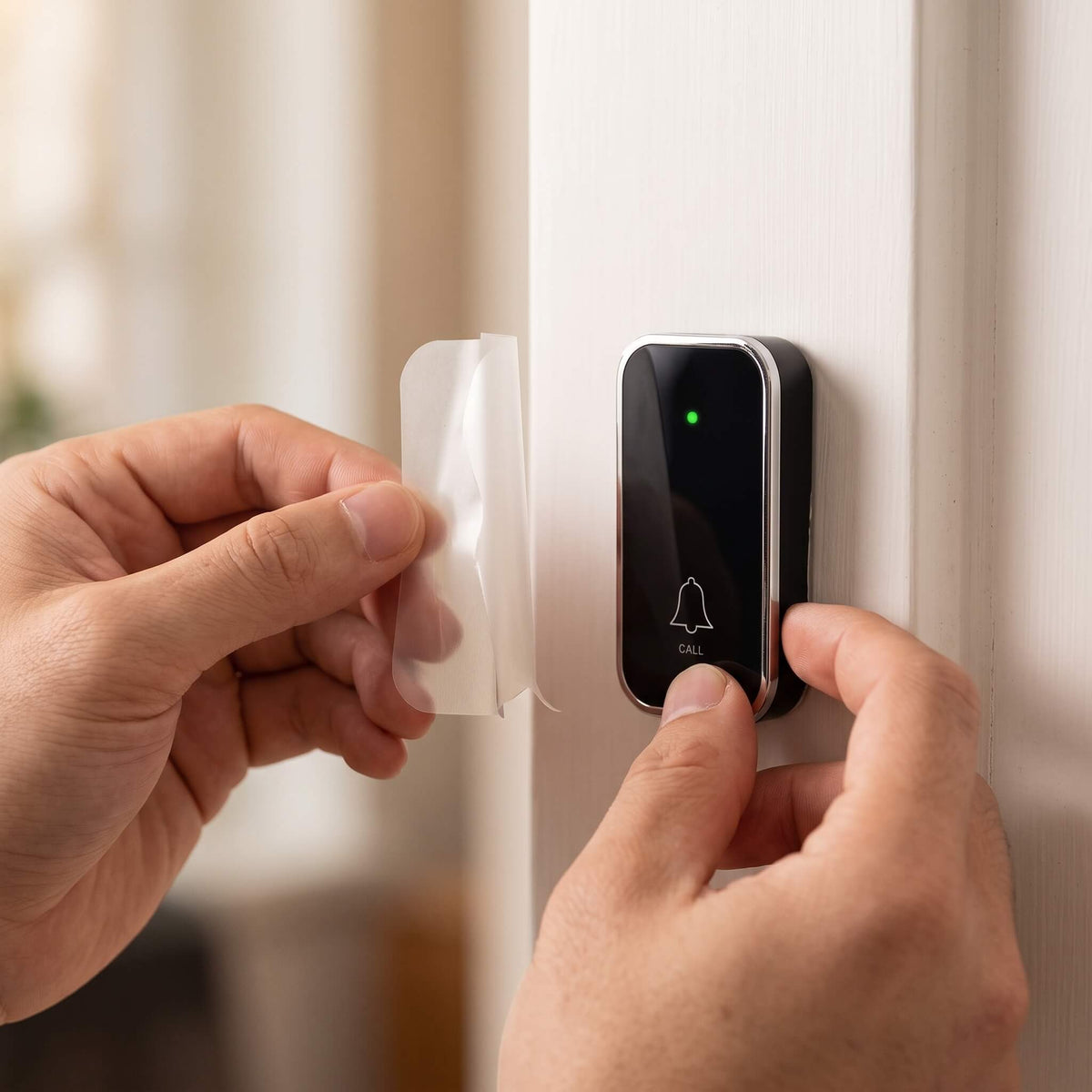 Two hands peeling the adhesive backing off a small black doorbell button and pressing it onto a white door frame.