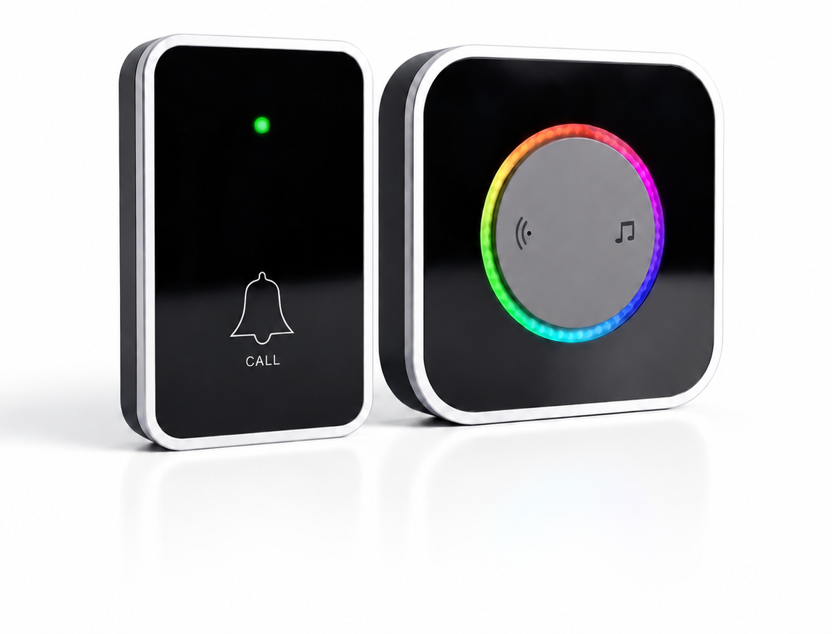 One black doorbell button next to two black plug-in chimes with their rings of color lit, on a plain light background.