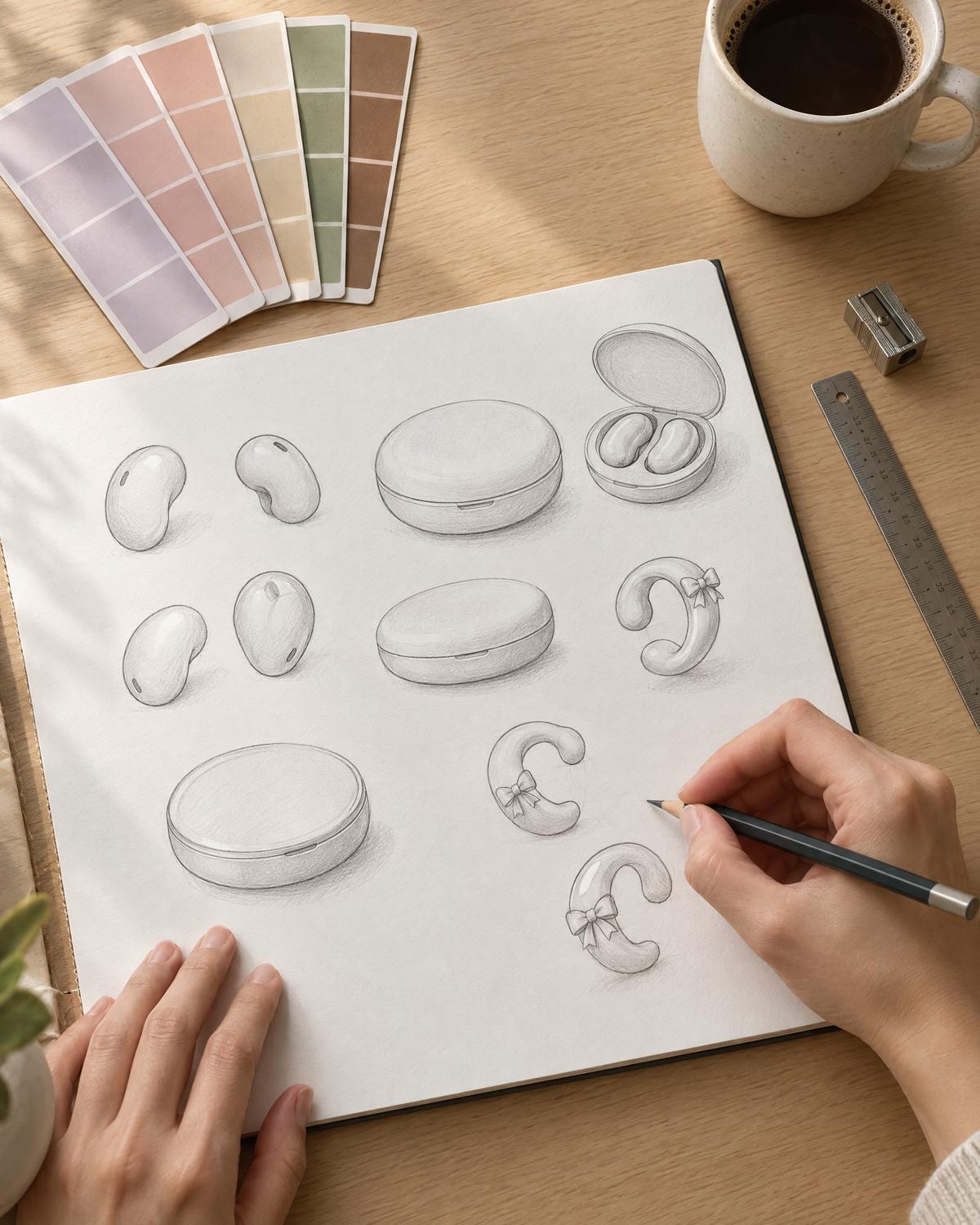 Hands sketching earbud and case designs next to color swatches and a cup of coffee